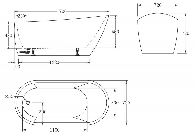 Ванна акриловая 170х72 без перелива BB62-1700-W0 BelBagno